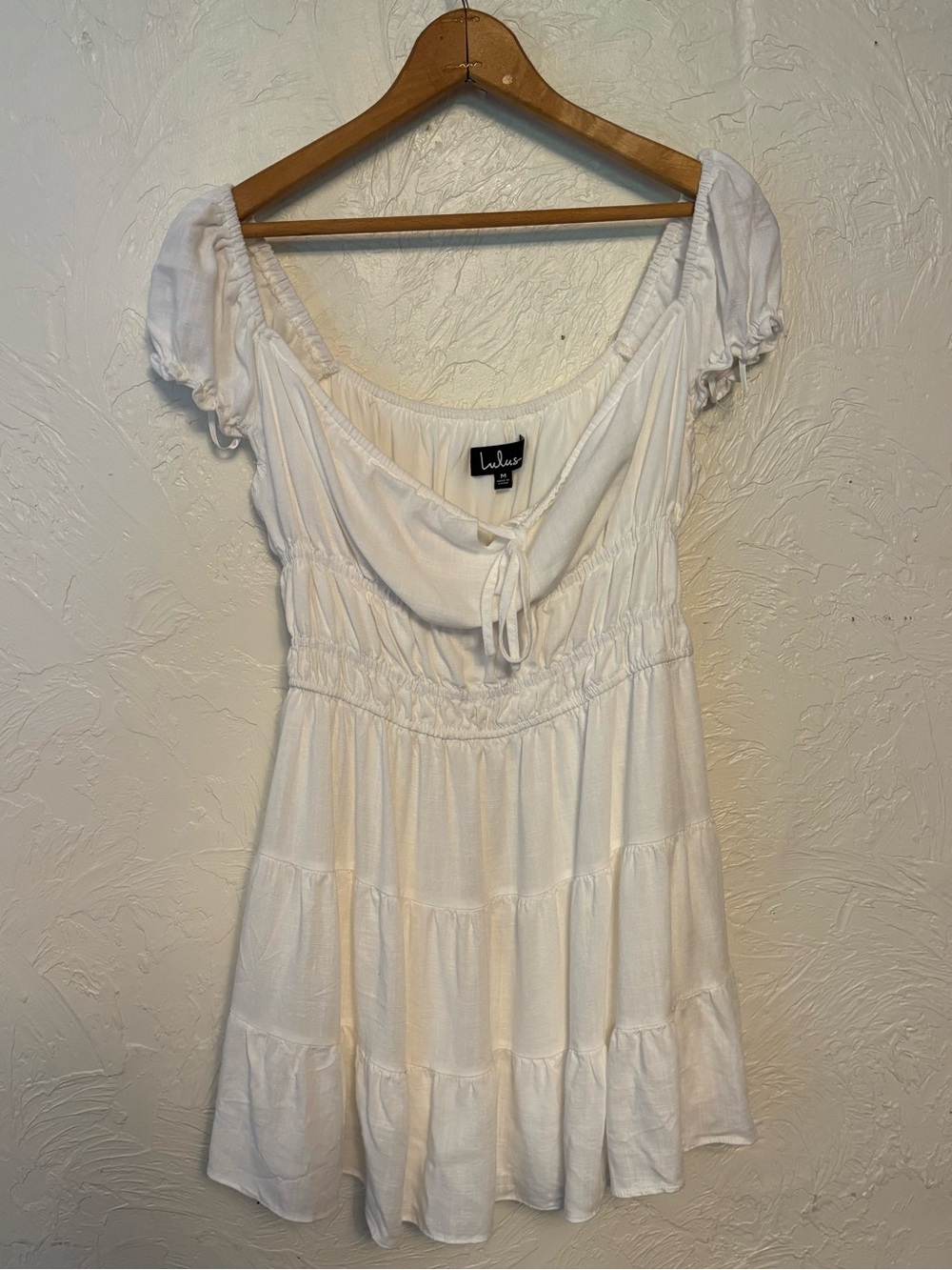 Lulu's Good As New White Cap Sleeve Tiered Mini Dress Tie Front